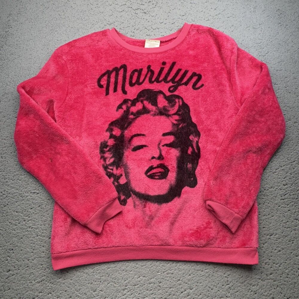 Marilyn Monroe Sweatshirt Womens Medium Pink Fuzzy Fleece Graphic Norma Sweater